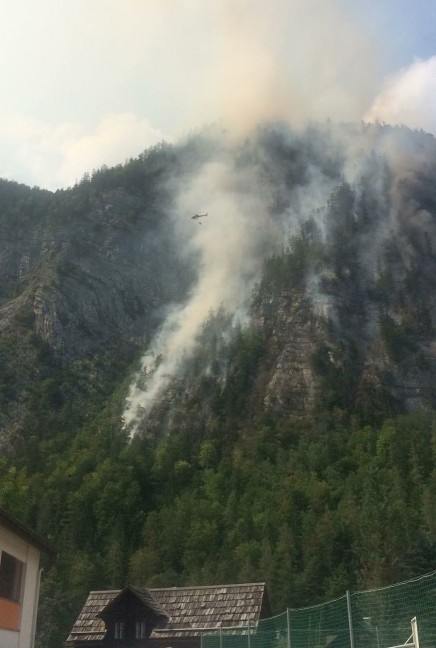 Löscheinsatz mit mehreren Hubschraubern in felsigem Gelände in Hallstatt