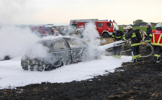Auto auf Stoppelfeld in Buchkirchen ausgebrannt