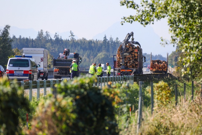 Holztransporter verlor auf Westautobahn bei Eggendorf im Traunkreis mehrere Baumstämme