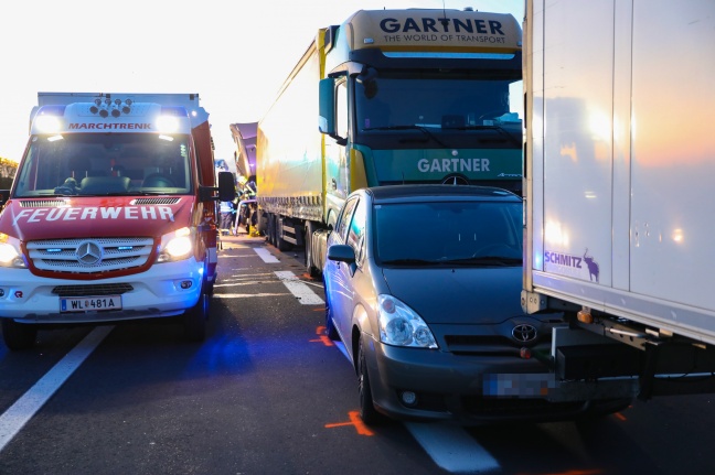 LKW-Lenker schwer eingeklemmt: Crash zwischen drei LKW und einem PKW auf Welser Autobahn bei Pucking