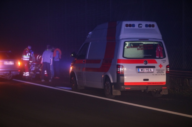 Vollbesetztes Auto kracht auf Autobahn in Wels-Oberthan gegen Anpralldämpfer und geht in Flammen auf