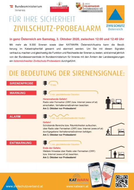Österreichweiter Zivilschutz-Probealarm aller Sirenen und KATWARN-App am 03.10.2020 zur Mittagszeit