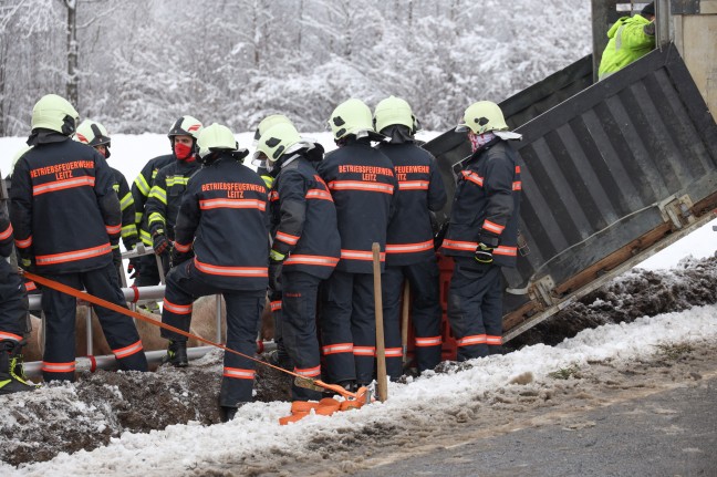 Schweinetransporter bei Unfall auf Innviertler Straße in Riedau umgestürzt