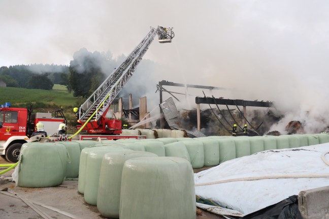 Zwölf Feuerwehren bei Brand des Heu- und Strohlagers eines Ziegenhofes in Nußbach im Einsatz