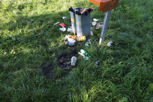 Feuerwehr und Polizei bei Kleinbrand entlang eines Fuweges in Wels-Vogelweide im Einsatz