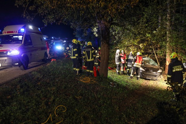 Auto bei Eberstalzell gegen Baum gekracht - Feuerwehr befreit eingeklemmten Lenker
