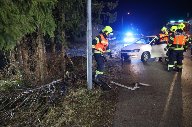 Auto bei Unfall in Marchtrenk in Baumgruppe eines Grundstückes gelandet