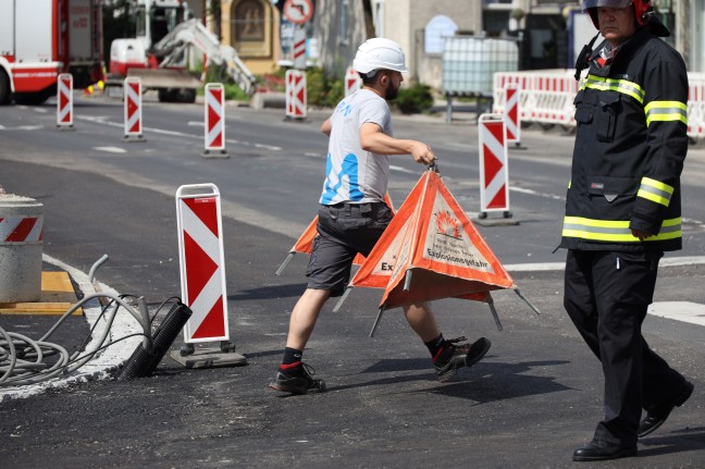 Gasleitung bei Straenbauarbeiten in Wels-Innenstadt beschdigt