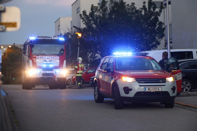 Einsatzkrfte der Feuerwehr nach gemeldetem Gasgeruch in Thalheim bei Wels im Einsatz