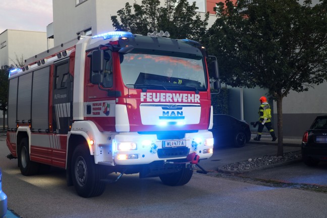 Einsatzkräfte der Feuerwehr nach gemeldetem Gasgeruch in Thalheim bei Wels im Einsatz