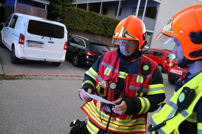 Einsatzkrfte der Feuerwehr nach gemeldetem Gasgeruch in Thalheim bei Wels im Einsatz