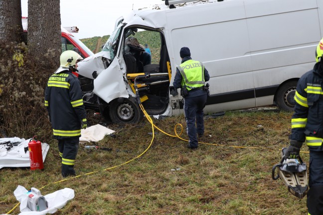 Kleintransporter in Kematen an der Krems frontal gegen Baum gekracht