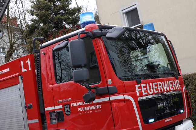 Dachbodenfenster in Wels-Neustadt mit Drehleiter der Feuerwehr aus Baumkrone geborgen