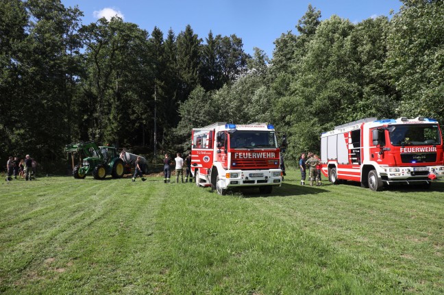 Fünf Feuerwehren bei Brand eines Heuhaufens in einer Waldlichtung in Peuerbach im Einsatz