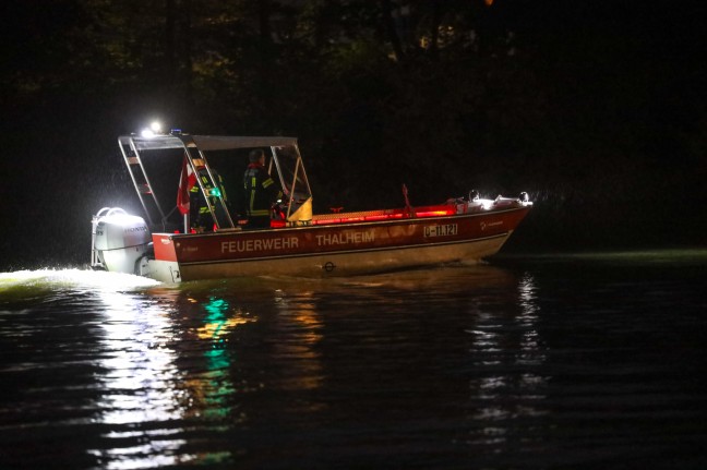 Bootseinsatz: Feuerwehr befreit Schwan auf der Traun in Thalheim bei Wels von eingehängtem Ast