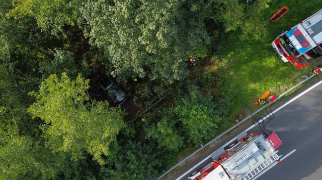 Autolenkerin auf Hausruckstraße bei Eberschwang mit PKW in Waldböschung gestürzt