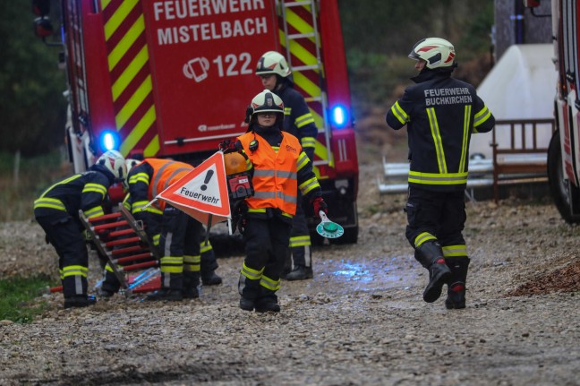 Feuerwehr mit Hhenrettern bei Personenrettung aus defektem Deckenkran in Buchkirchen im Einsatz