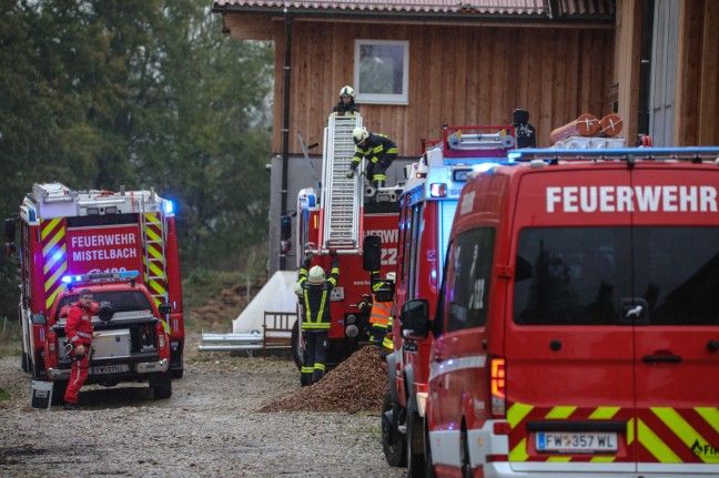 Feuerwehr mit Hhenrettern bei Personenrettung aus defektem Deckenkran in Buchkirchen im Einsatz