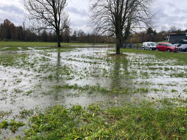 berflutungen: Innbach und Zubringer in Pichl bei Wels nach starkem Regen ber Ufer getreten