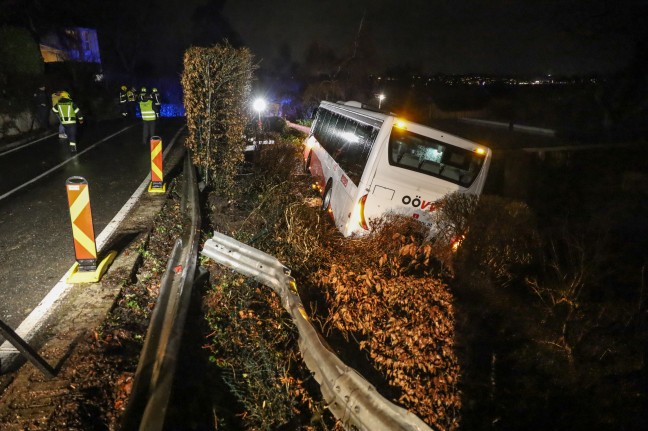 Linienbus bei Seewalchen am Attersee von Atterseestrae abgekommen und auf Seegrundstck gestrzt