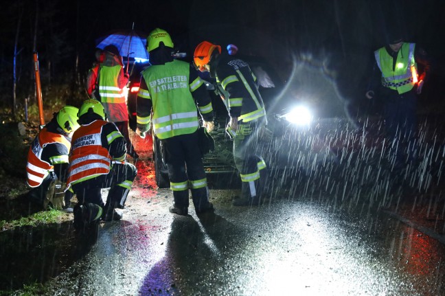 Auto in einem Waldstck in Thalheim bei Wels mit umgestrztem Baum kollidiert