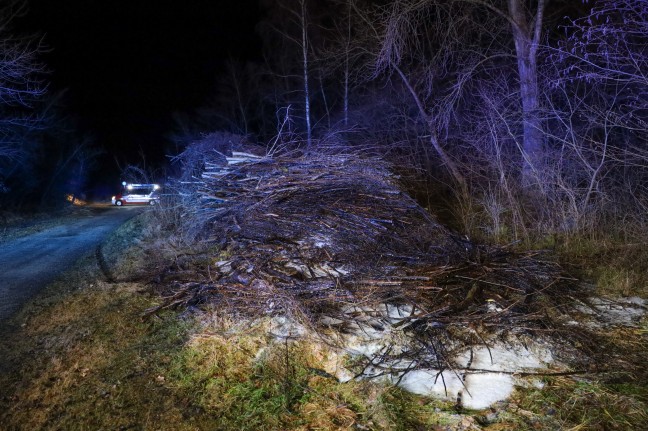 Feuerwehr bei Brand eines Wiedhaufens an der Traun in Marchtrenk im Einsatz