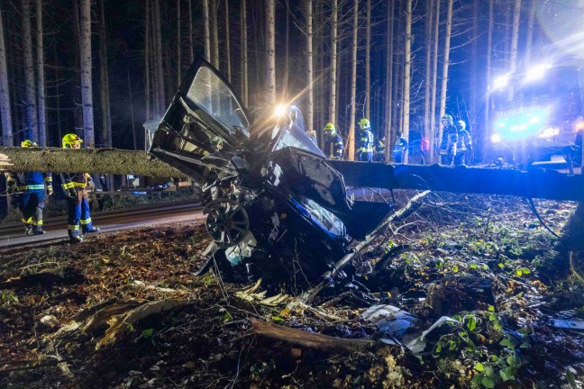 Auto bei schwerem Verkehrsunfall bei Senftenbach von Baum regelrecht aufgespiet