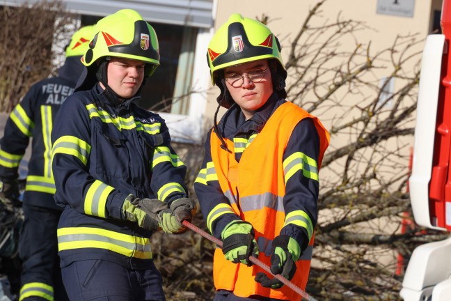 Auto bei Unfall in Alkoven gerade ber "T-Kreuzung" gegen Baum, Hauswand und Gartenzaun gefahren