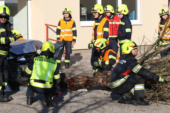 Auto bei Unfall in Alkoven gerade ber "T-Kreuzung" gegen Baum, Hauswand und Gartenzaun gefahren