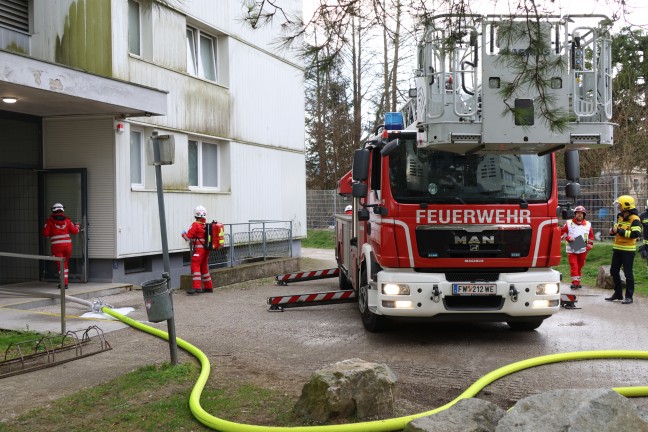 Bewusstlose Frau bei Kchenbrand in Wels-Lichtenegg durch Feuerwehrleute aus Hochhaus gerettet