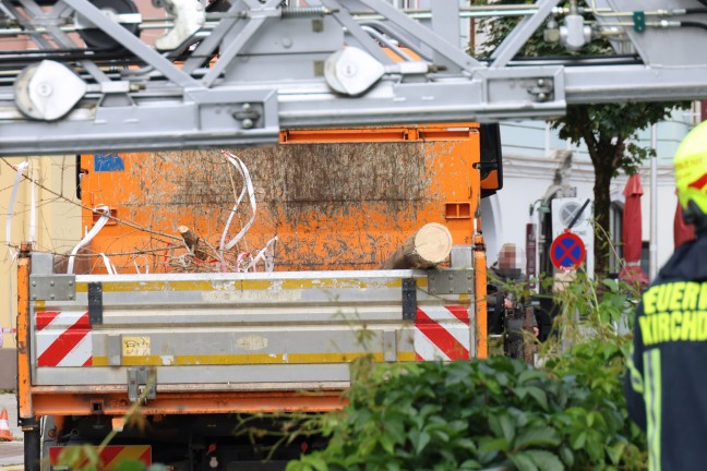 Schreckmoment in Kirchdorf an der Krems: Maibaum strzte beim Umschneiden auf Gebudefassade