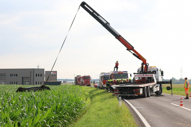 Mehrmals berschlagen: Auto bei schwerem Verkehrsunfall in Wolfern im Maisfeld gelandet