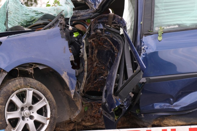Auto bei Verkehrsunfall in Dietach mit Fahrerseite gegen Obstbaum geprallt
