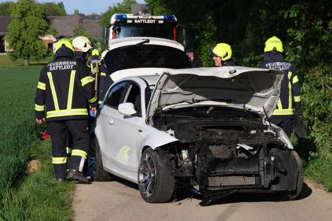 Auto bei Sattledt von schmaler Strae abgekommen und gegen Bume gekracht