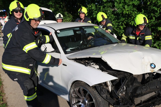 Auto bei Sattledt von schmaler Strae abgekommen und gegen Bume gekracht