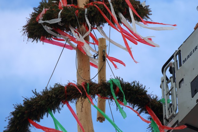Spitze abgebrochen: Strkere Windben beschdigten groen Maibaum am Stadtplatz in Wels-Innenstadt