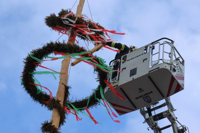 Spitze abgebrochen: Strkere Windben beschdigten groen Maibaum am Stadtplatz in Wels-Innenstadt