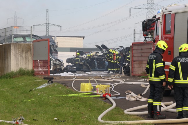 48 Autos in Flammen: Drei Feuerwehren bei Brand bei Autoverwertungsunternehmen in Dietach im Einsatz