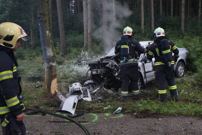 Wels-Puchberg: Auto nach Crash gegen Baum in Flammen aufgegangen