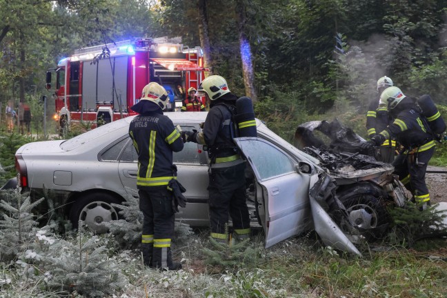 Wels-Puchberg: Auto nach Crash gegen Baum in Flammen aufgegangen