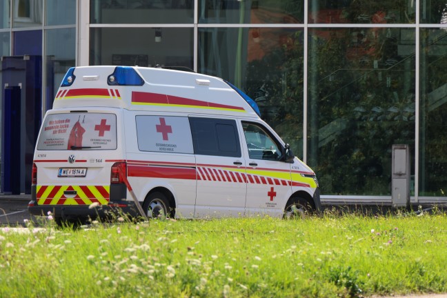 Auto kracht durch Glasfassade eines Lebensmitteldiscounters in Wels-Lichtenegg