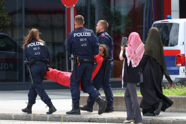 Demonstration: Kundgebung bei Unternehmen in Gunskirchen - Demonstranten auch am Firmendach