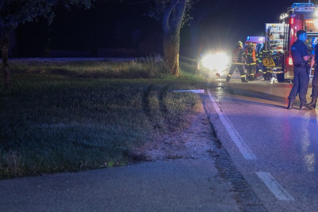 Crash gegen Baum: Verunfalltes Auto landet bei Verkehrsunfall in Buchkirchen im Maisfeld