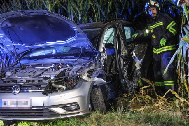 Crash gegen Baum: Verunfalltes Auto landet bei Verkehrsunfall in Buchkirchen im Maisfeld