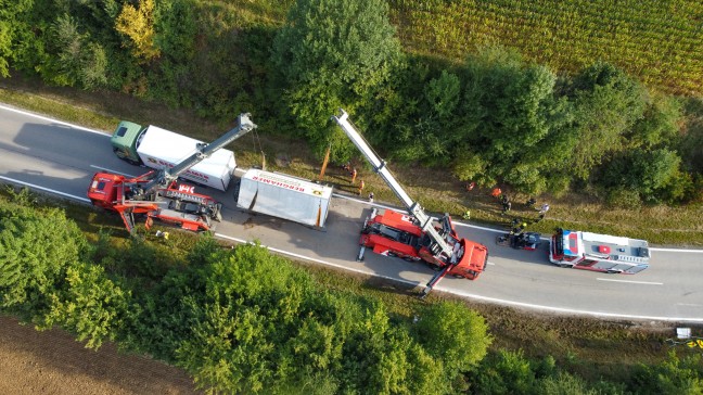 Steinerkirchen an der Traun: Mit Fleisch beladener LKW-Anh�nger in Kurvenbereich umgest�rzt