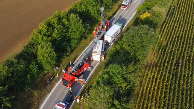 Steinerkirchen an der Traun: Mit Fleisch beladener LKW-Anh�nger in Kurvenbereich umgest�rzt