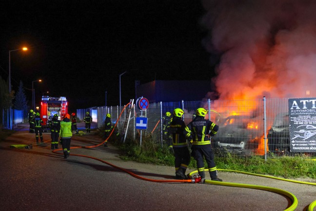Brand mehrerer abgestellter Autos auf Verkaufsplatz eines Autoh�ndlers in H�rsching