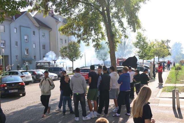 Vollbrand einer M�llinsel: Fassade sowie vier PKW bei gr��erem Brand in Wels-Neustadt besch�digt