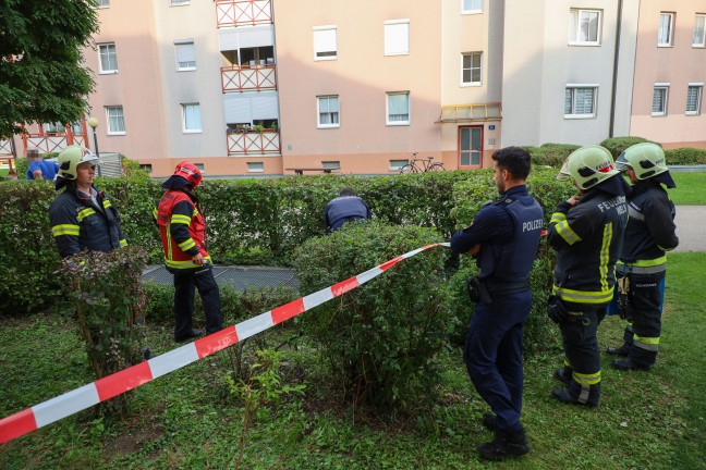 Abgest�rzter Lichtschachtrost in einer Wohnanlage in Wels-Neustadt durch Feuerwehr geborgen