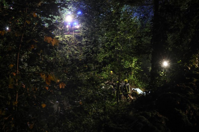 Personenrettung: Auto bei Unfall in Traunkirchen �ber steilen Abhang in Bachbett abgest�rzt